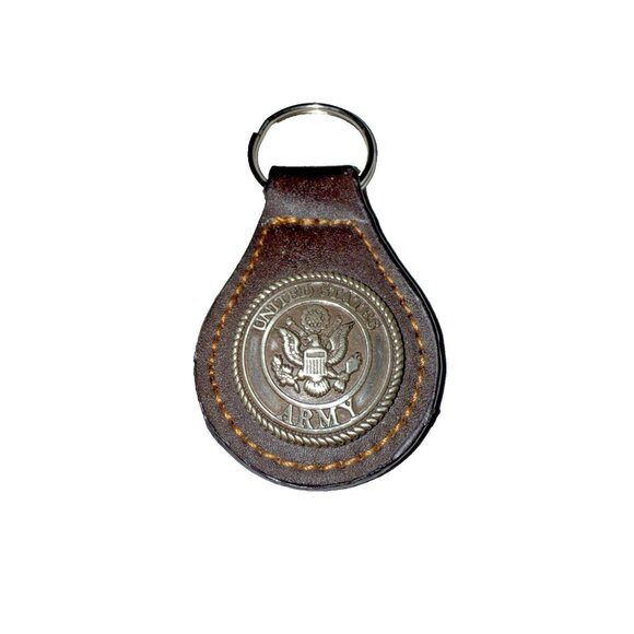 US Army Brown Leather Silver Concho Military Key Ring Chain Unisex - Picture 1 of 2